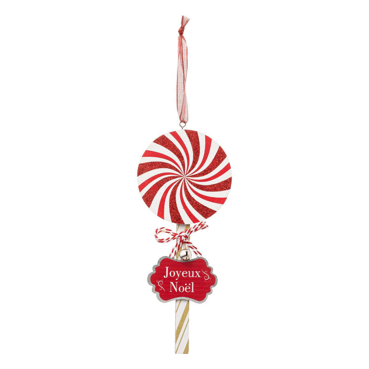 SUSPENSION BOIS BONBON ROND ROUGE BLANC 21CM
