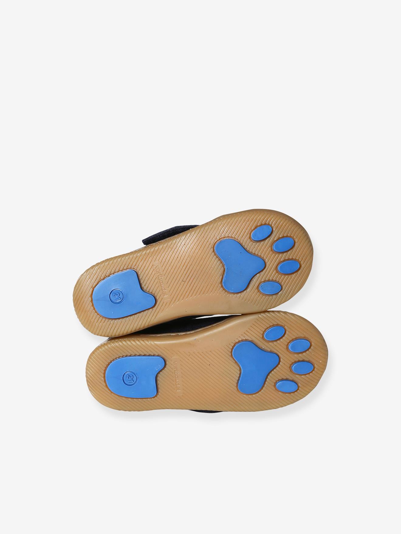 Pantufas de feltro azul-marinho para bebê com fecho de velcro.