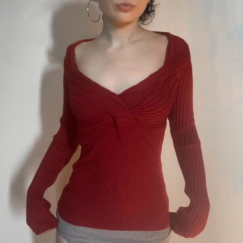 Honet - Lange mouwen V-hals effen geribbelde slim-fit top
