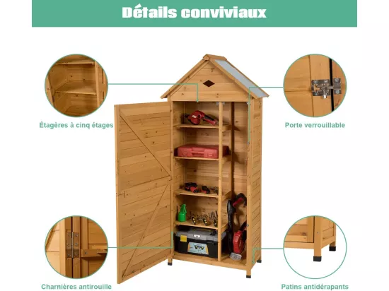 Abri de Jardin Extérieur en Bois de Sapin à 5 Etagères, 70 x 35,5 x 176 CM, Cabane de Rangement Verrouillable pour Outils de Jardin avec 5 Etagères, Tôle Galvanisé