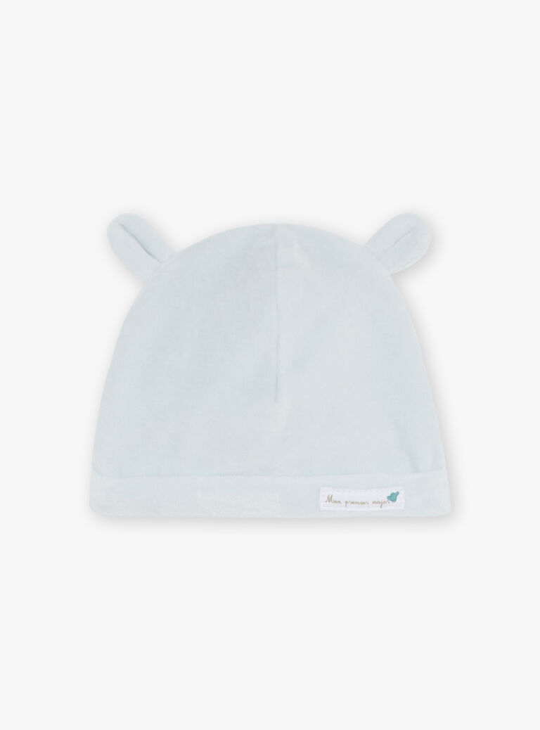 Ensemble pyjama avec bonnet en velours écru et bleu ciel