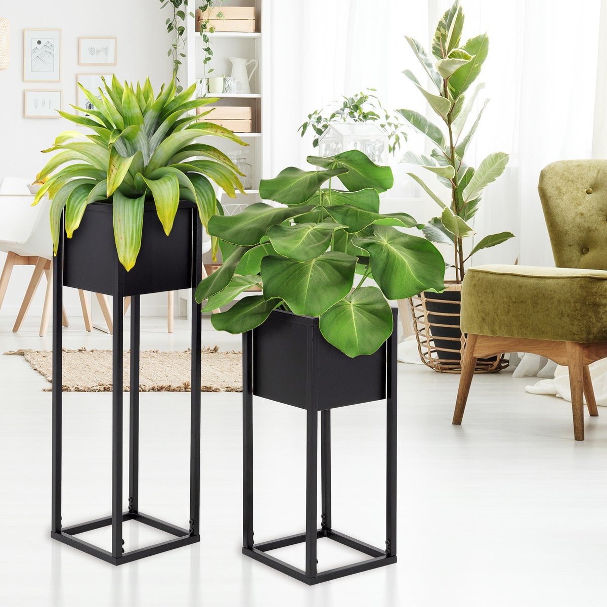 ML-Design Bloemenstandaards, Set van 6, Zwart, 21 x 50/70 x 21 cm, Moderne Bloempotstandaards met Plantenbak, Weerbestendige en Robuuste Metalen Plantenstandaards, 2-delige Bloempothouder, Decoratieve Plantenbak