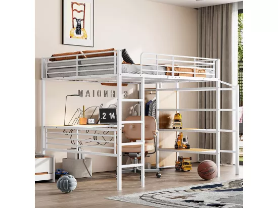 Lit mezzanine 140×200 cm bureau armoire ouverte escalier à marches pour le rangement cadre en fer Blanc