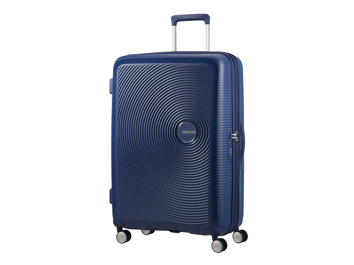 [OUTLET] - American Tourister Soundbox, Spinner, Blå, Polypropylen (PP), 4 hjul, Roterende hjul, Lynlås