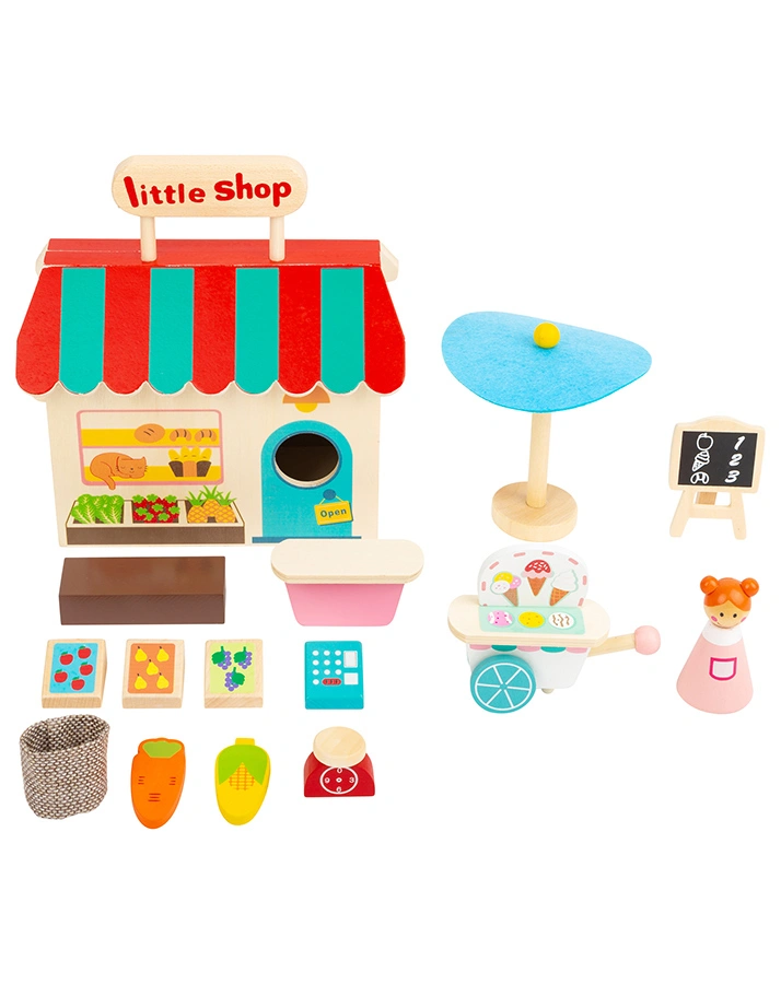 Puppen-Einkaufsladen LITTLE SHOP im Koffer 15-teilig aus Holz