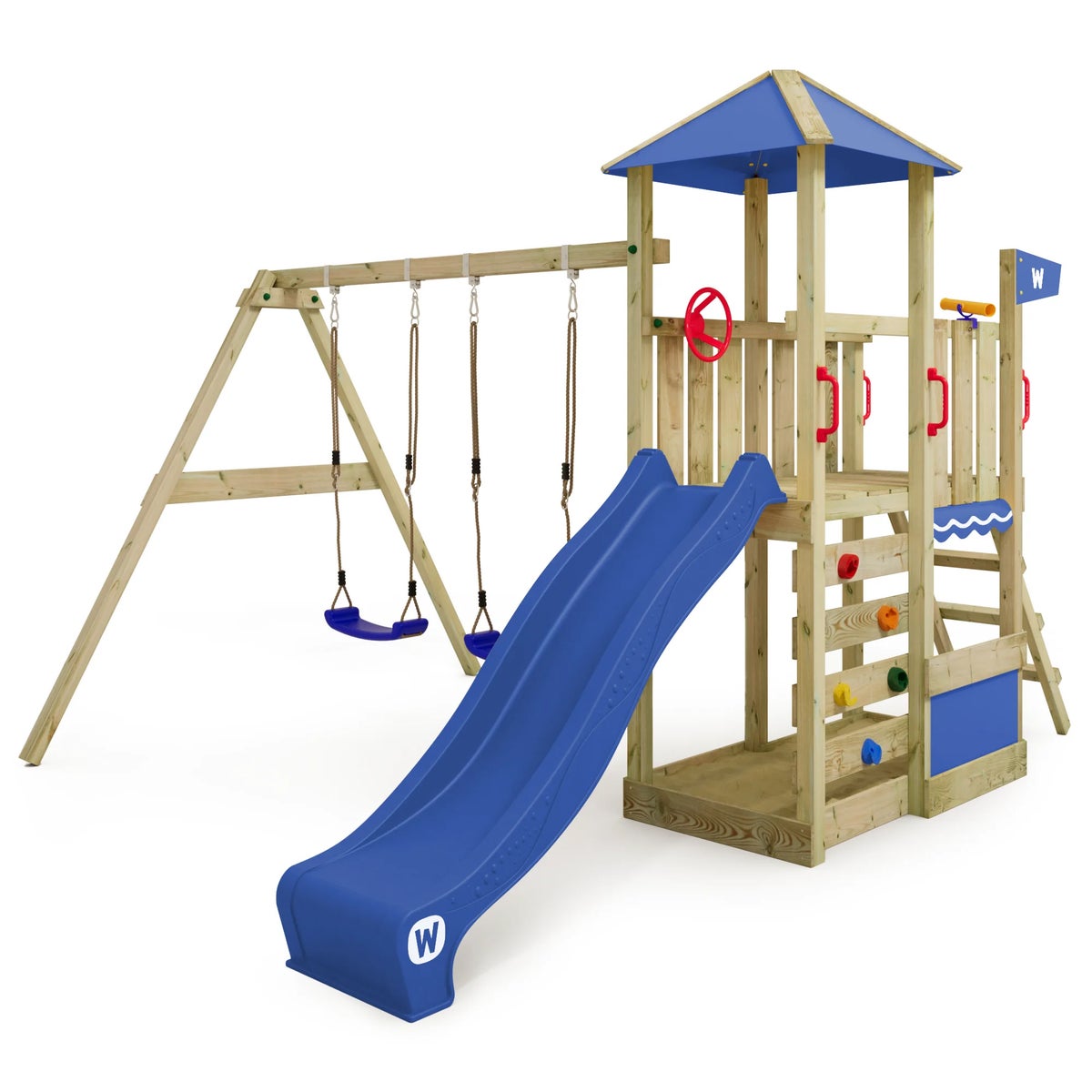 WICKEY Smart Savana speeltoren klimtoestel met schommel en glijbaan, speelhuis met klimladder en speeltoebehoren - blauw