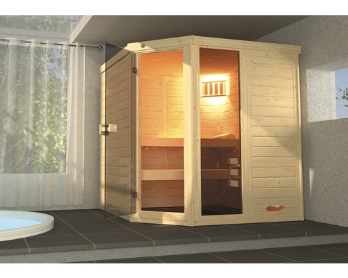 Massief houten sauna Weka Laukkala maat 2 inclusief 7,5 kW kachel en digitale bediening met raam en volledig glazen deur van helder glas