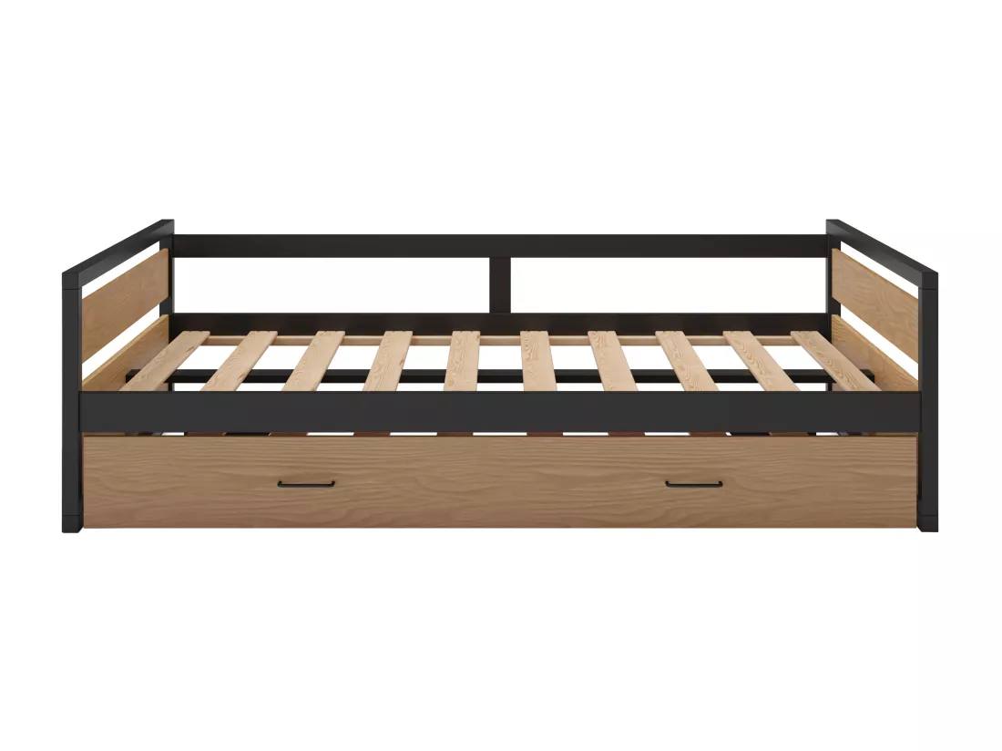 Lit gigogne 120 x 200 et 90 x 200 cm - MDF, Pin et métal - Naturel et anthracite + Matelas - BOSTON