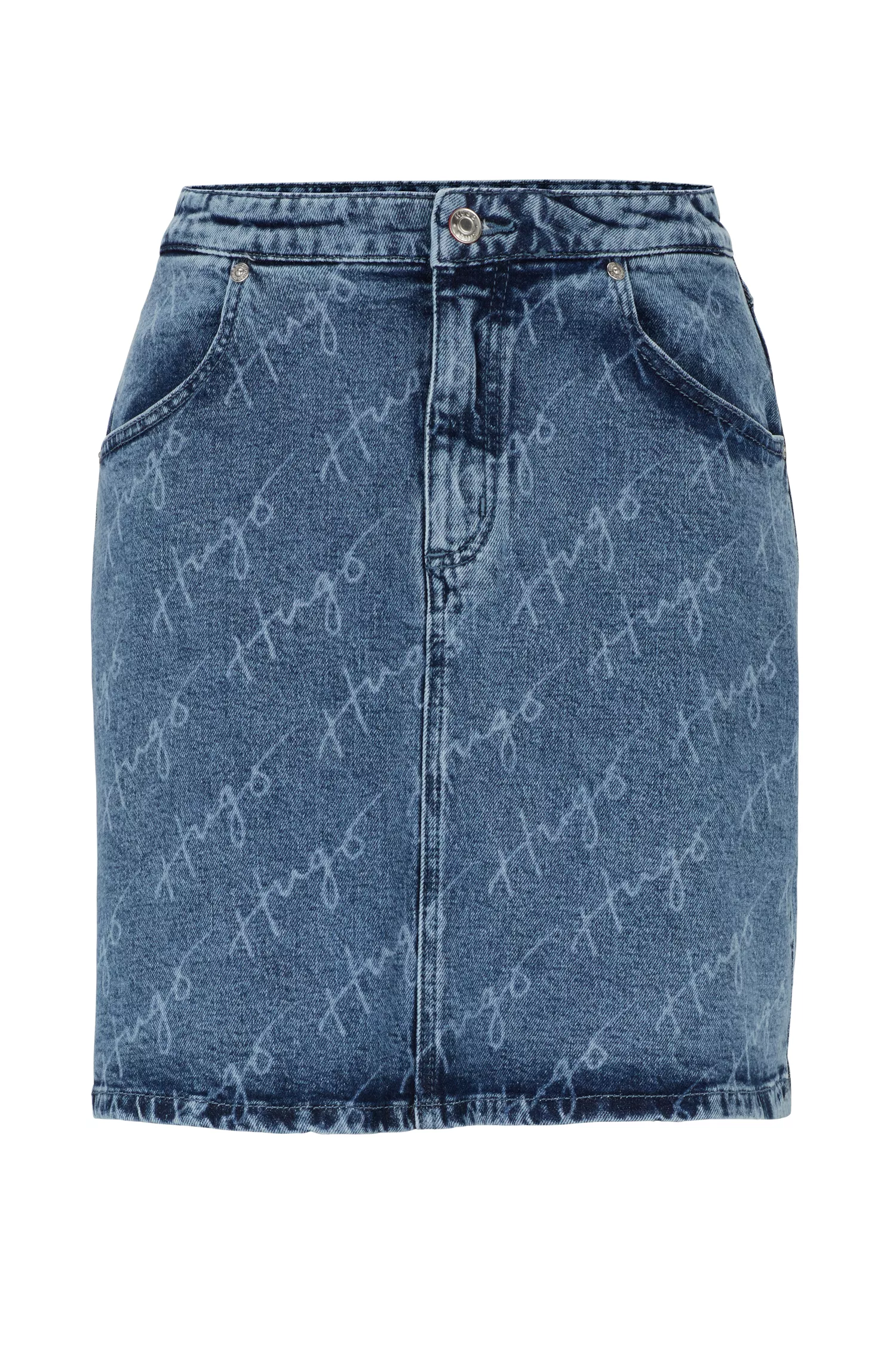 Saia mini HUGO vermelha, justa, em denim com logotipos manuscritos.