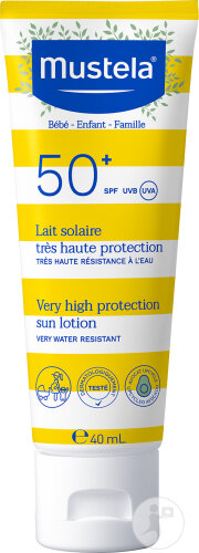 Mustela Bébé Enfant Lait Solaire Très Haute Protection IP50+ Peau Sensible Intolérante Soleil 40ml
