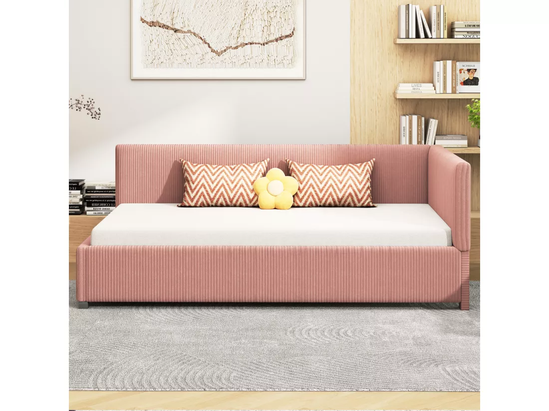 Lit banquette capitonné 90x200cm en velours - avec sommier à lattes - Rose