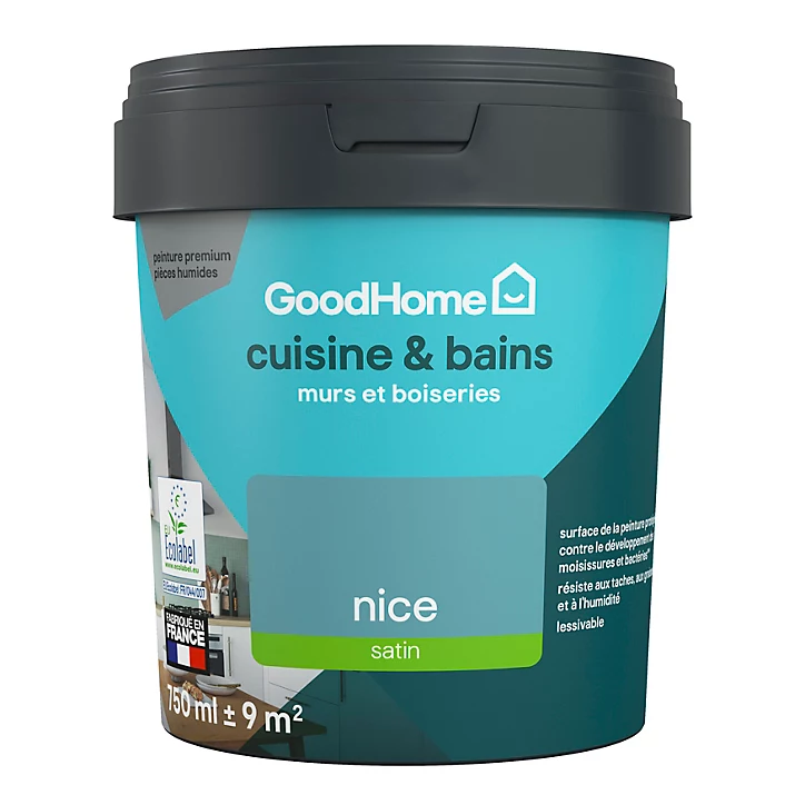 Peinture cuisine et salle de bains GoodHome bleu métallique Nice satin 750ml