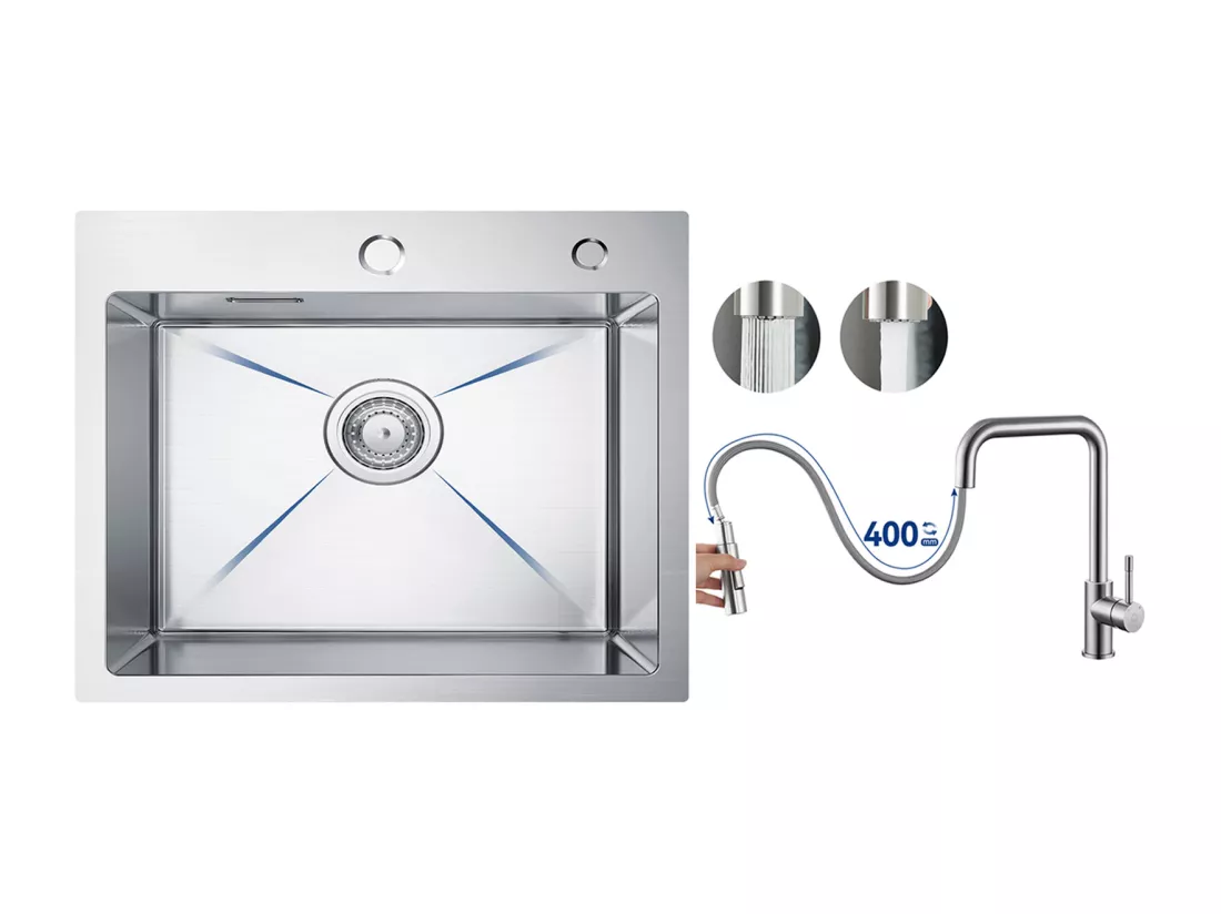 CECIPA MAX Évier Cuisine 1 Bac 50×45×18.5CM Évier Inox Brossé + Mitigeur avec Douchette Extractible, Brossé