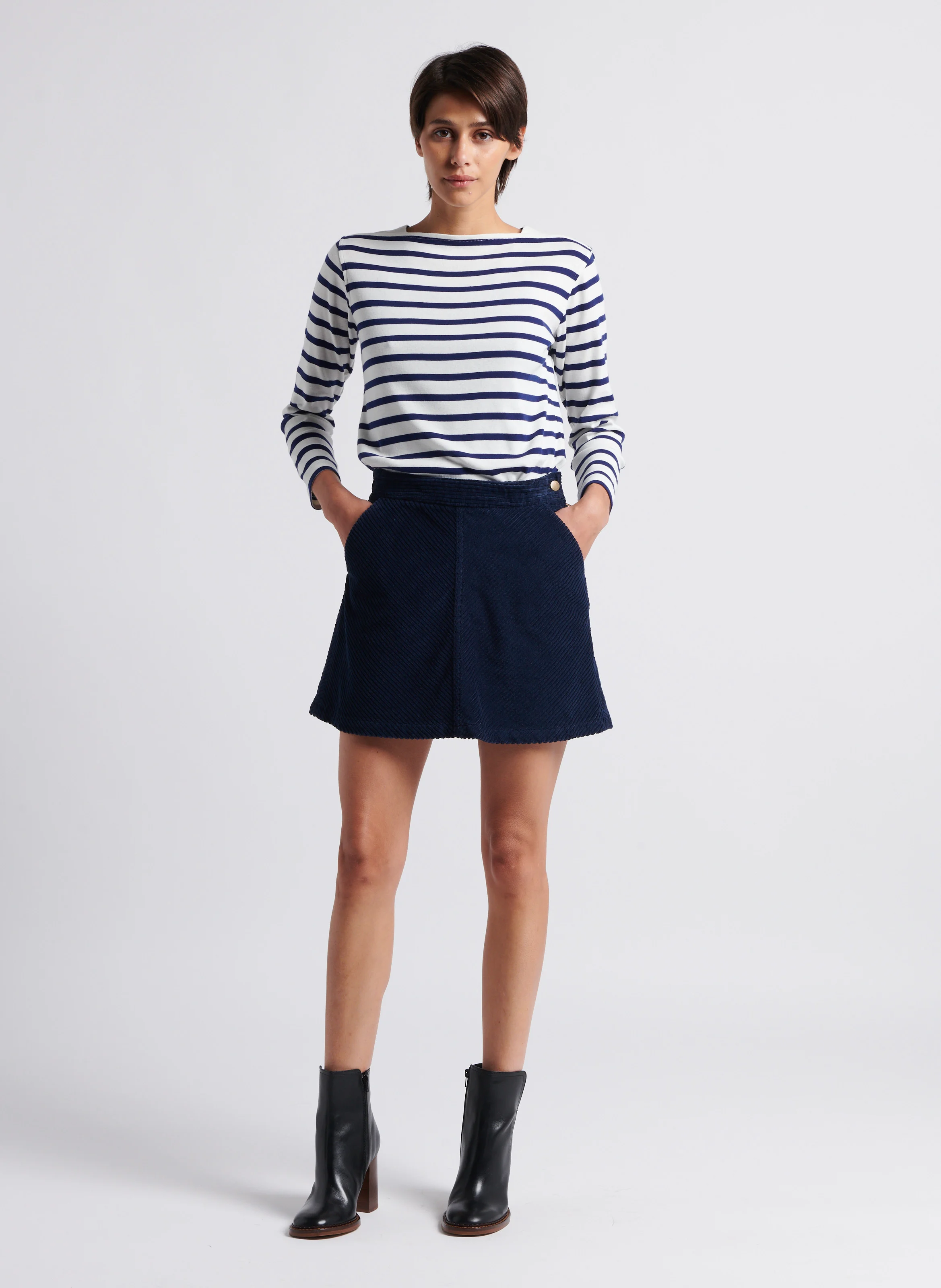 DELICIEUSE - Jupe droite taille haute en coton mélangé | Bleu