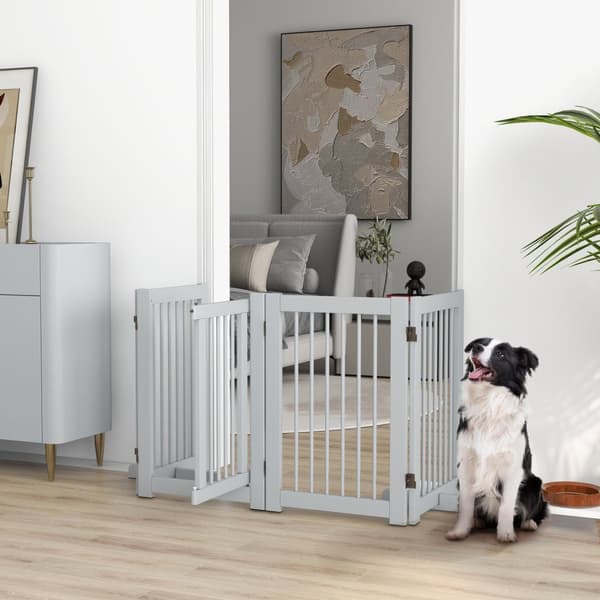Hundesperre, 4 deler, 204 x 75 cm, sammenleggbar dør sikkerhetsport med dør, frittstående hundeport med 2 støtteføtter, tretrappport for gang, kjøkken