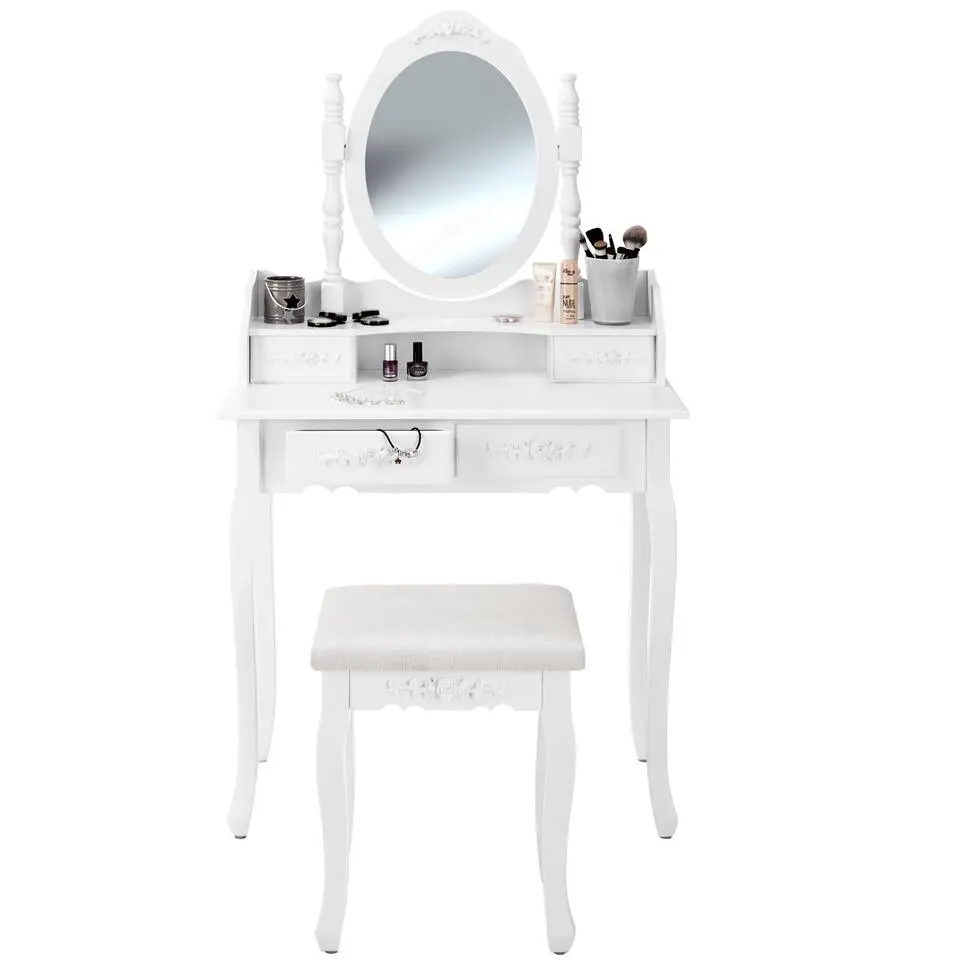 tectake Makeup-tafel met spiegel en hocker in antieke look, Wit