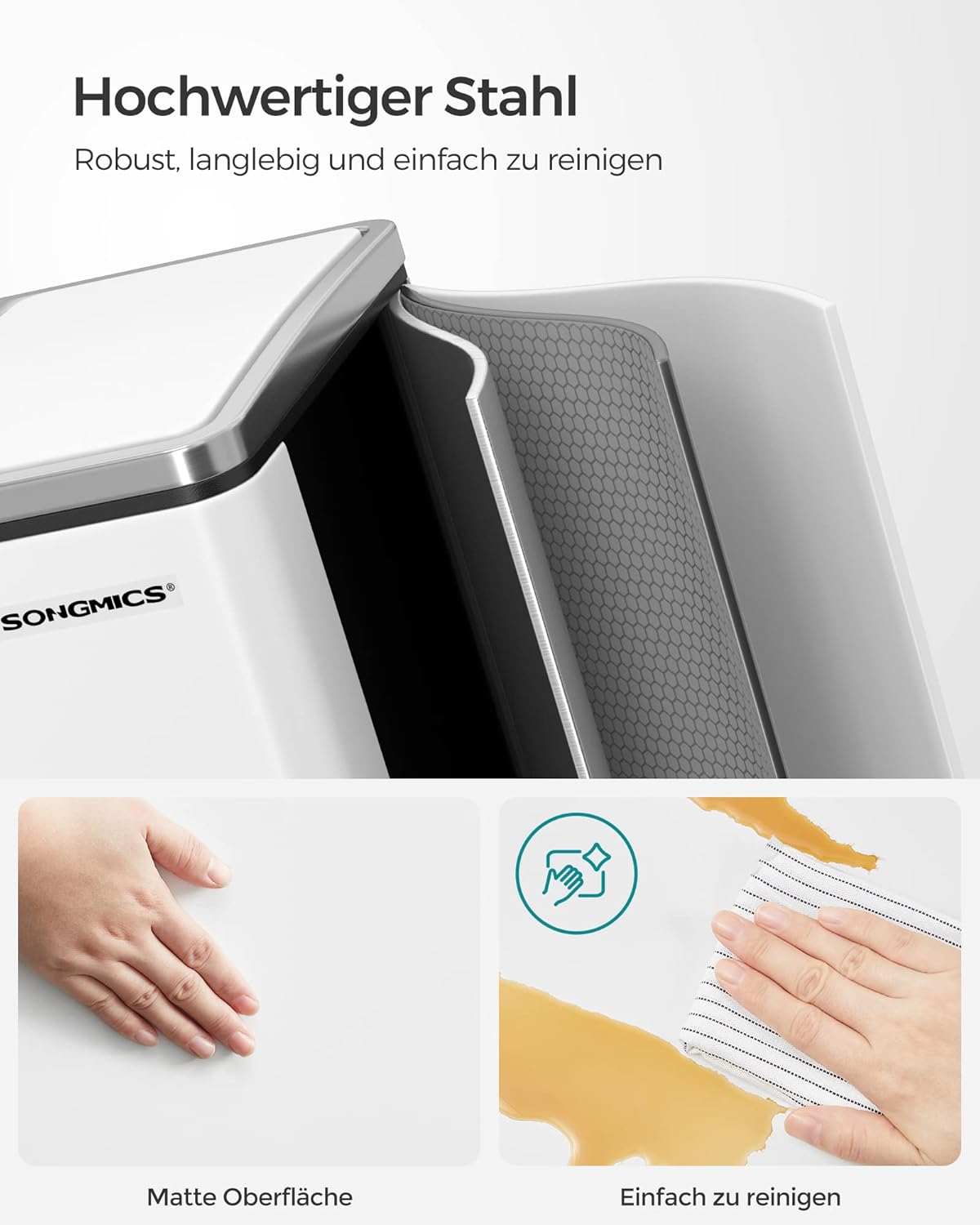 SONGMICS Mülleimer Küche, 3 x 18 L, Mülltrennsystem 3 Fächer, inklusive 15 Müllbeutel, Abfalleimer, Treteimer, für recycelbare Abfälle, Biomüll, mit Deckel, wolkenweiß LTB54WT