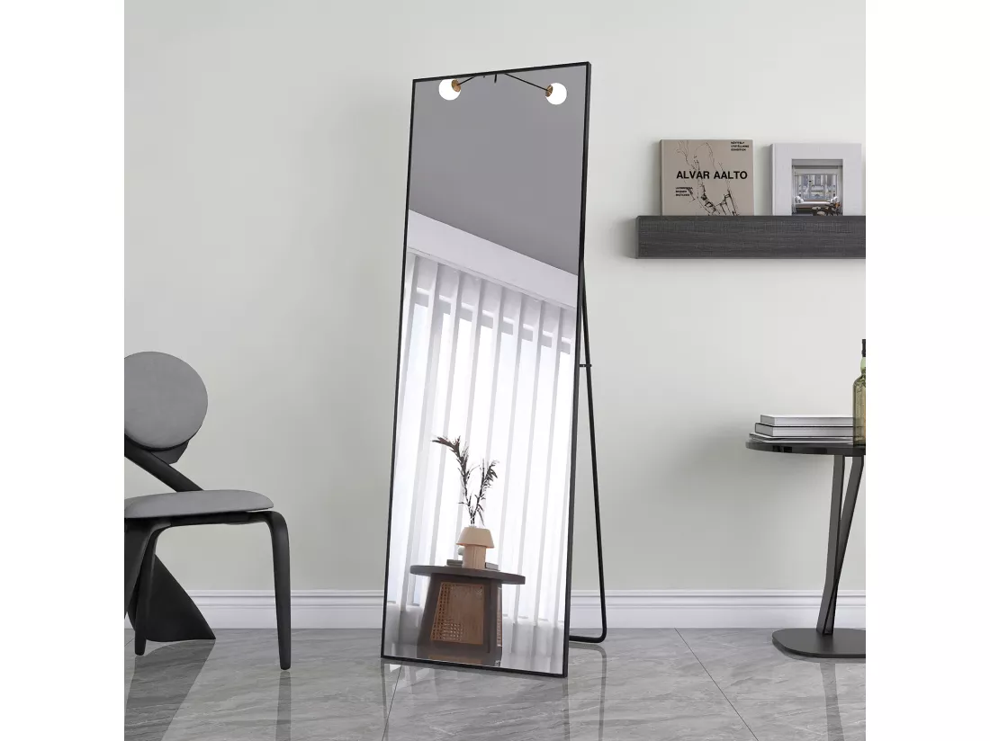 Miroir pleine longueur 162 x 53 cm, sur pied, suspendu ou appuyé, grand miroir de sol avec cadre en alliage d'aluminium noir pour salon ou chambre à coucher, rectangulaire