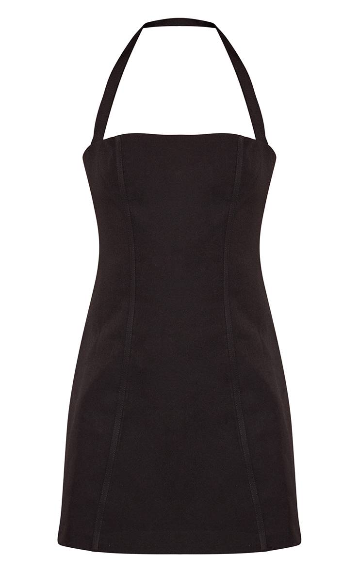 Noir Robe Courte Droite Tissée À Encolure Américaine Et Décolleté Cœur