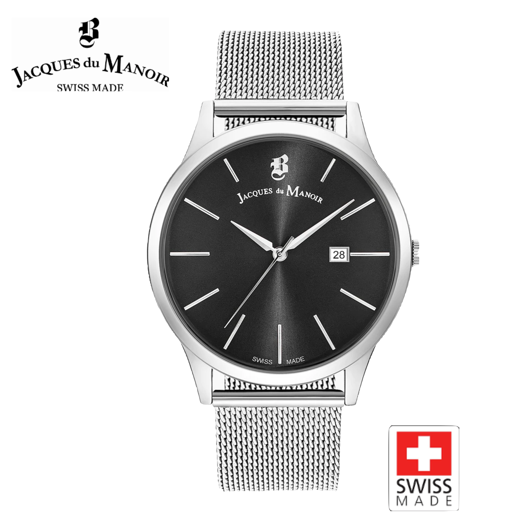 (Ø40mm) Swiss Made Emotion Quarz Milanaise Armbanduhr Analog (Gelenkumfang 210mm) - Silber / Schwarz