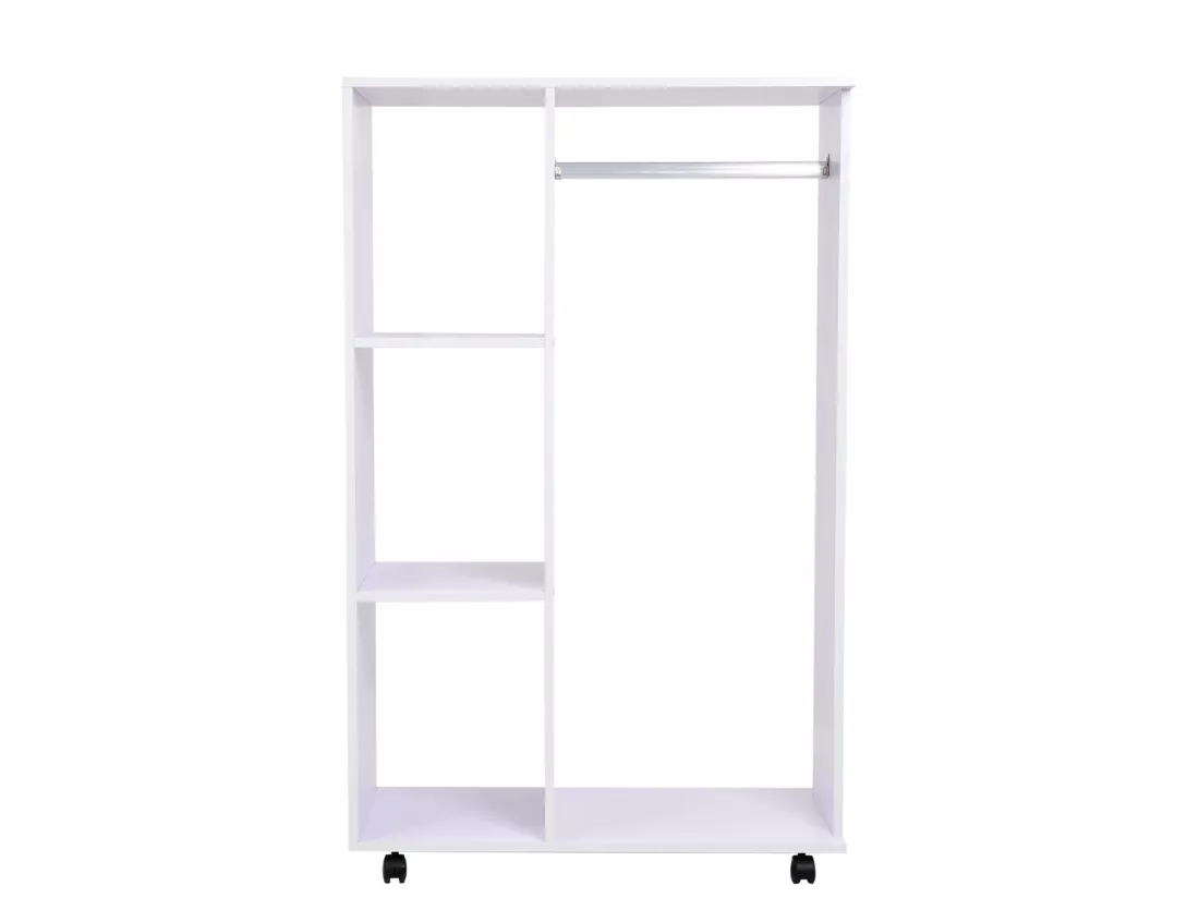 Portant à vêtements penderie mobile avec roulettes 3 étagères latérales + grand espace penderie panneaux particules blanc