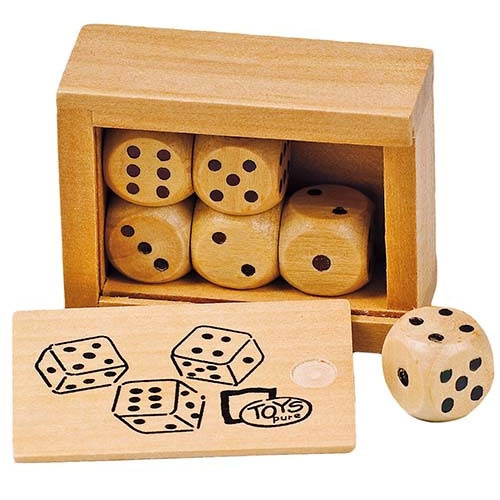 Kistje met 6 dobbelstenen