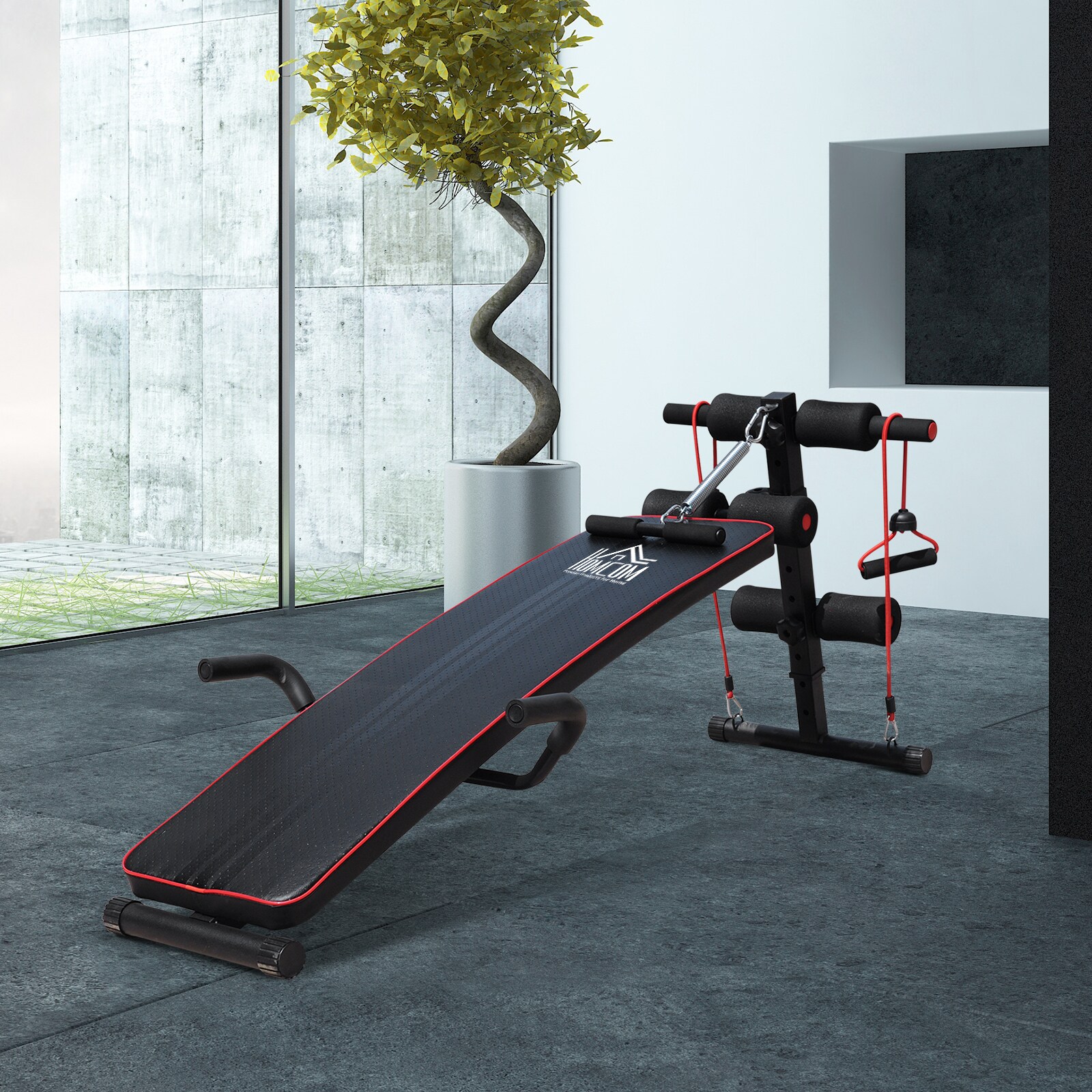 HOMCOM Sit-Up-Bank mit Widerstandsbänder schwarz, rot 137,5 x 55,5 x (50–68) cm (LxBxH)