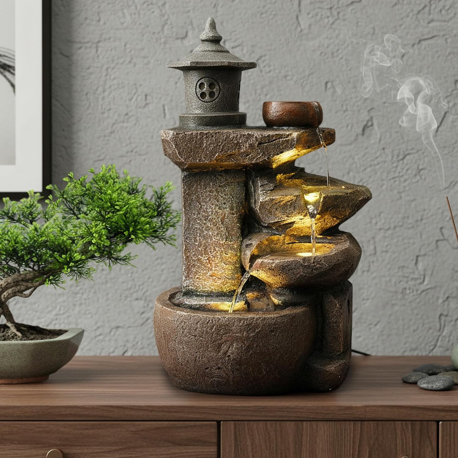 Arnusa Springbrunnen BK851 Wasserfall mit Beleuchtung Gartenbrunnen Zimmerbrunnen Kaskade Brunnen Terrassenbrunnen Dekoration, Braun Grau, 50x30 cm