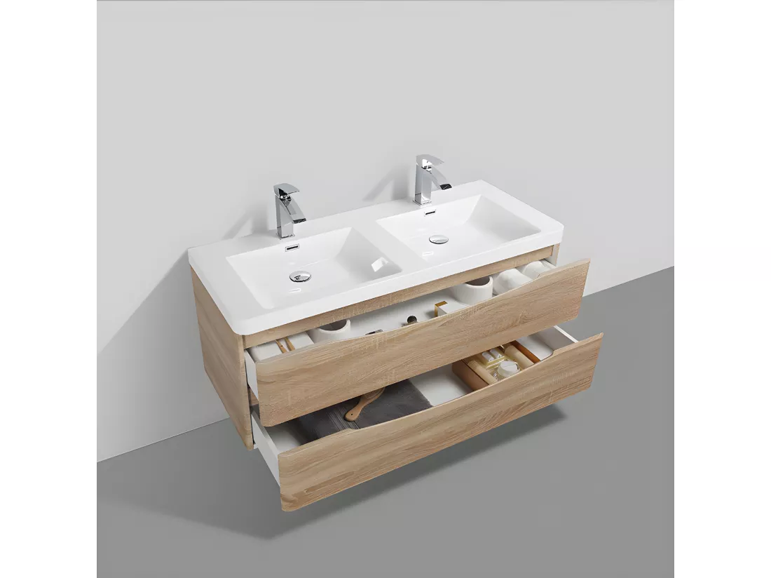 Meuble salle de bain design double vasque PIACENZA largeur 120 cm chêne clair