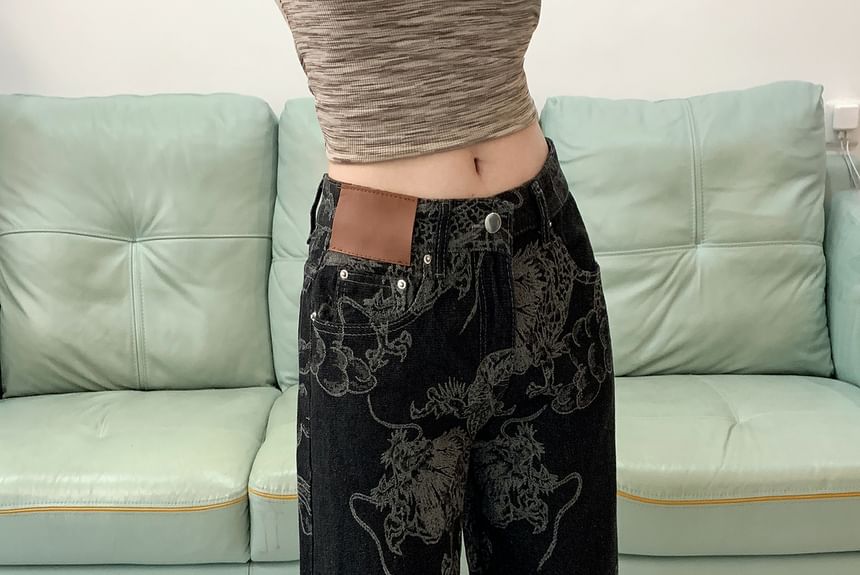 Porstina - Mid Waist Dragon Print Washed Wide Leg Jeans