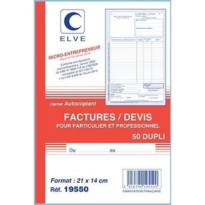 Manifold entrepreneur autocopiant factures / Devis format 210x140mm. 50 feuillets dupli