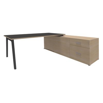 Bureau STEELY Manager - L180 x P100 x H72,5 cm - console retour à droite (2 tiroirs) L200 x P60 x H72,5 cm - pieds carbone - plateau carbone