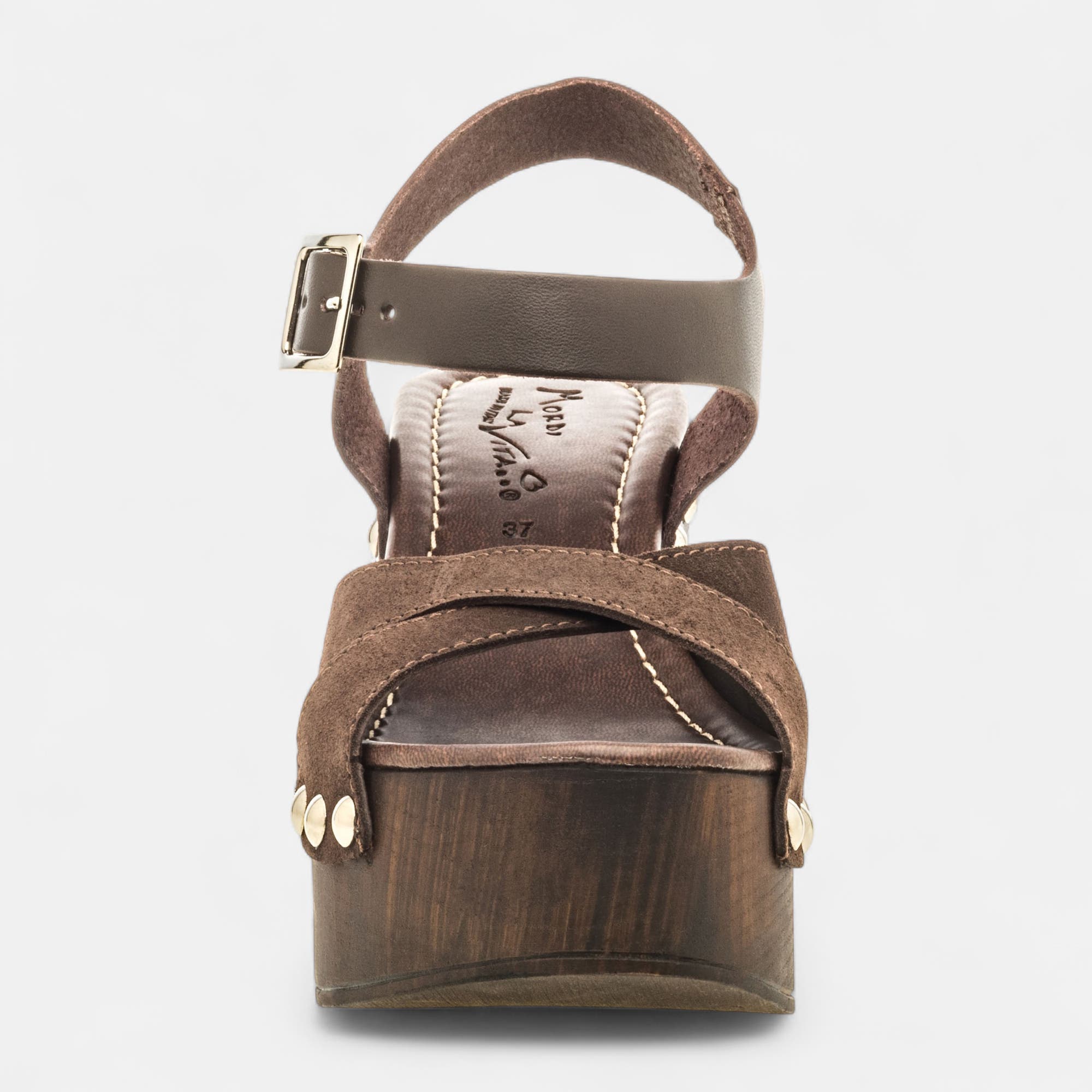Chaussures semelle bois à talon compensé Femme en cuir marron