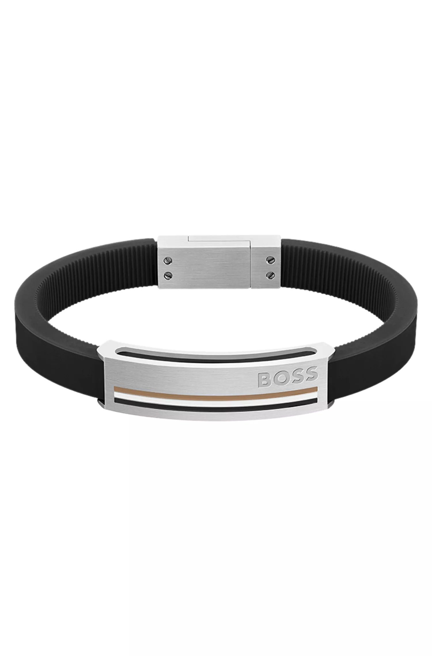 Pulseira BOSS de silicone laranja com placa com logotipo em relevo: pequena