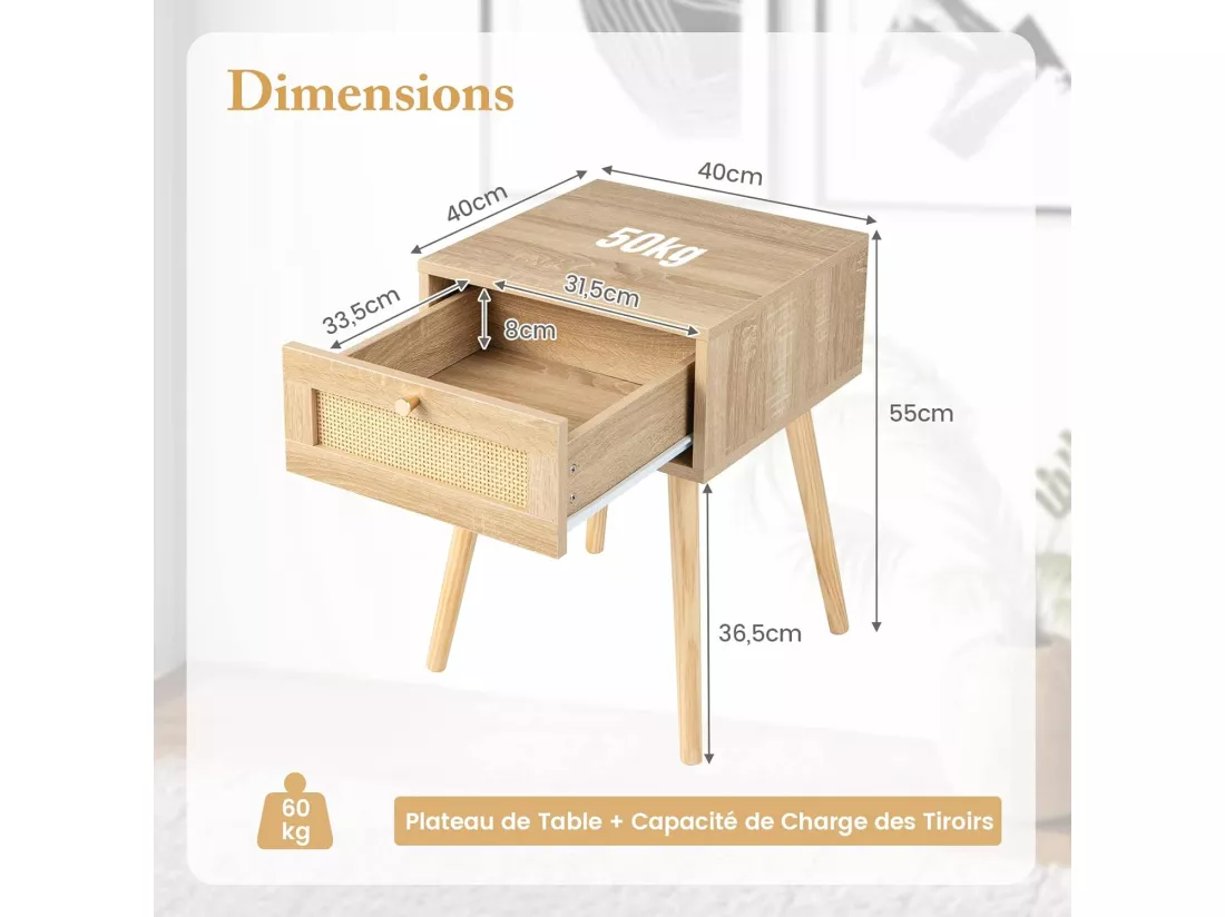 Table de Chevet en Rotin, Table de Nuit Bois avec Tiroir et 4 Pieds en Pin, Chevet de Lit pour Chambre, Salon, Style Naturel, 40 x 40 x 55 cm