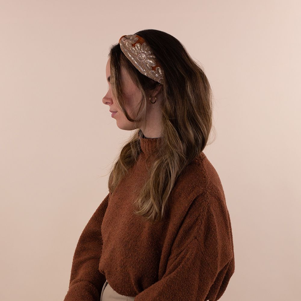Moonrise velvet haarband Ash oranje - goud pailletten