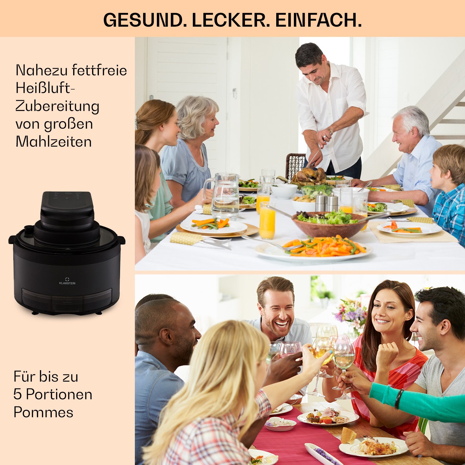 Vendure Heißluftfritteuse mit Dampffunktion 1250W 5 Liter 6 Programme Schwarz
