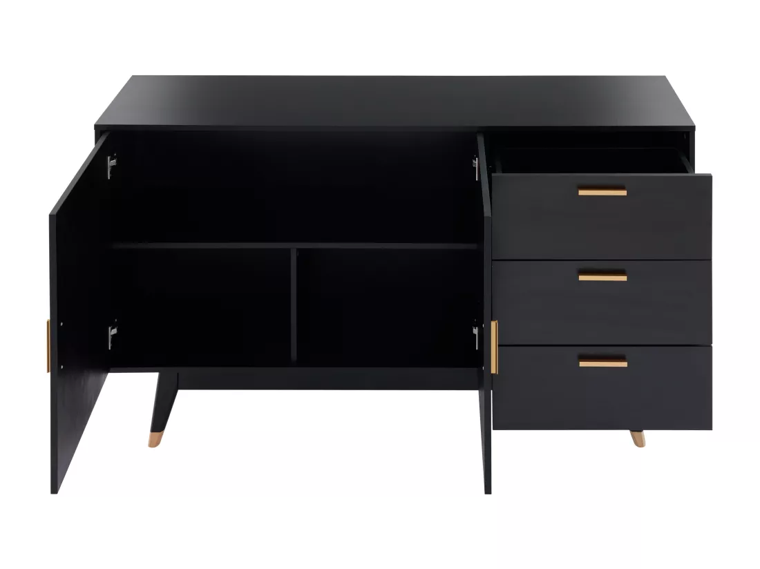 Buffet 160x40x87cm - avec 2 portes en rotin et 3 tiroirs - Noir