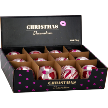 Kerstbal mix  glas licht roze met divers design Ø 8 cm per stuk