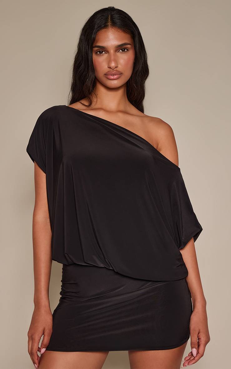 Noir Mini Robe Moulante En Tissu Slinky À Épaule Tombante