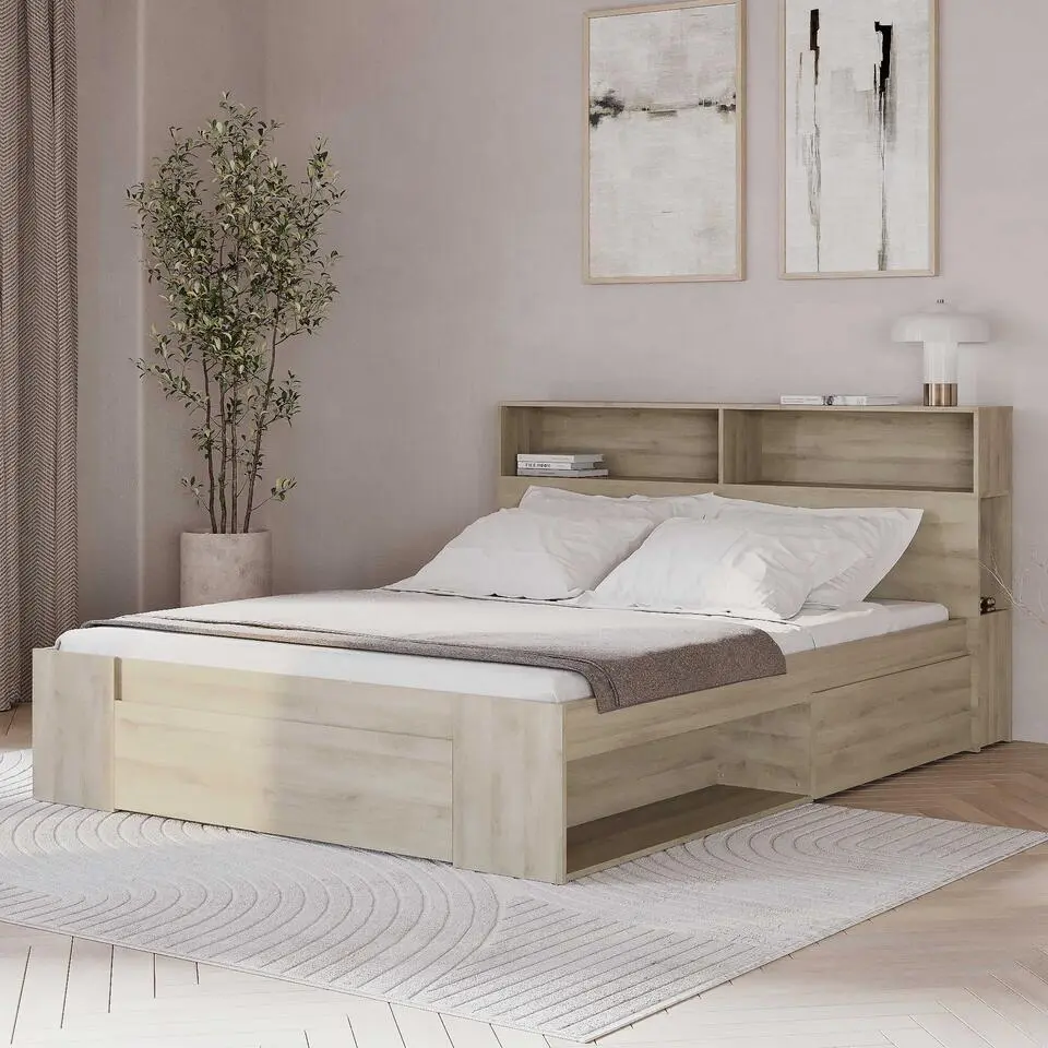 Tweepersoonsbed Maksim - 140x190/200cm - met opbergruimte - eikdecor