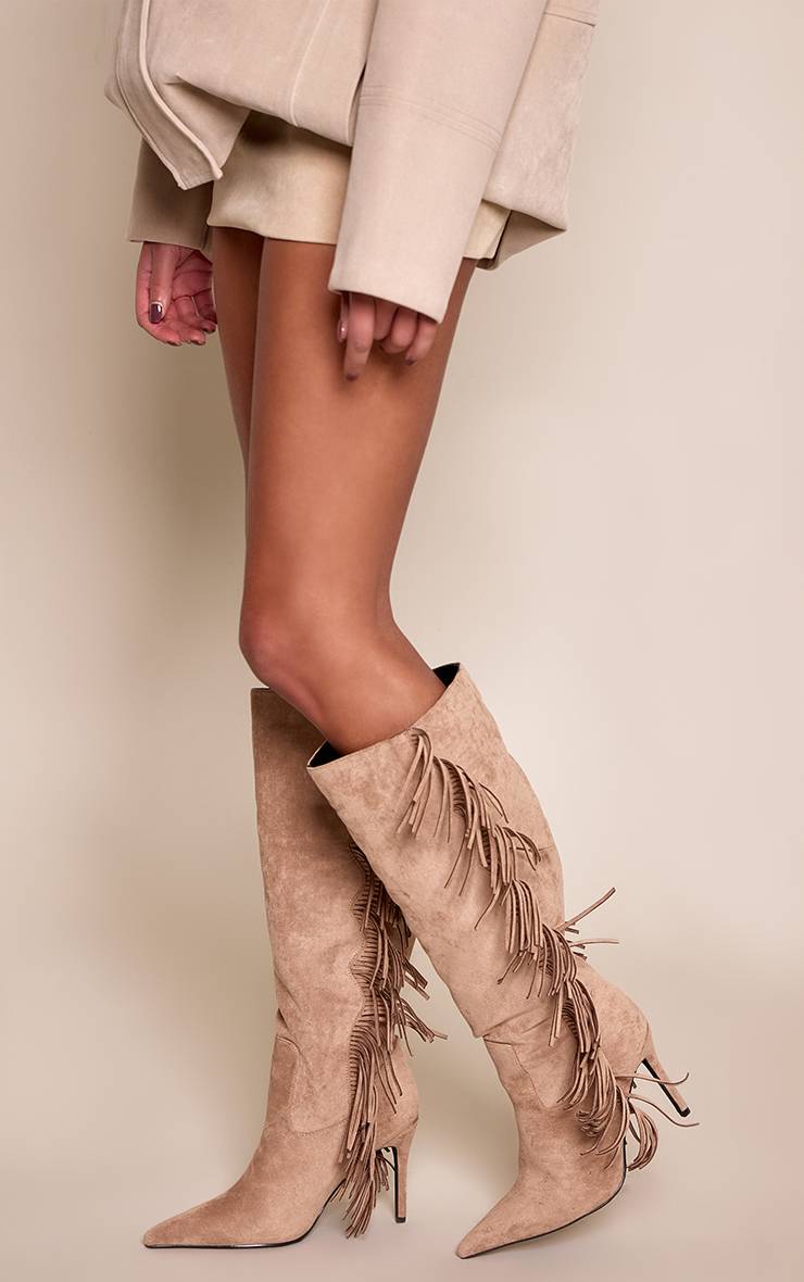Taupe Bottes Hautes À Talons En Synthétique À Franges