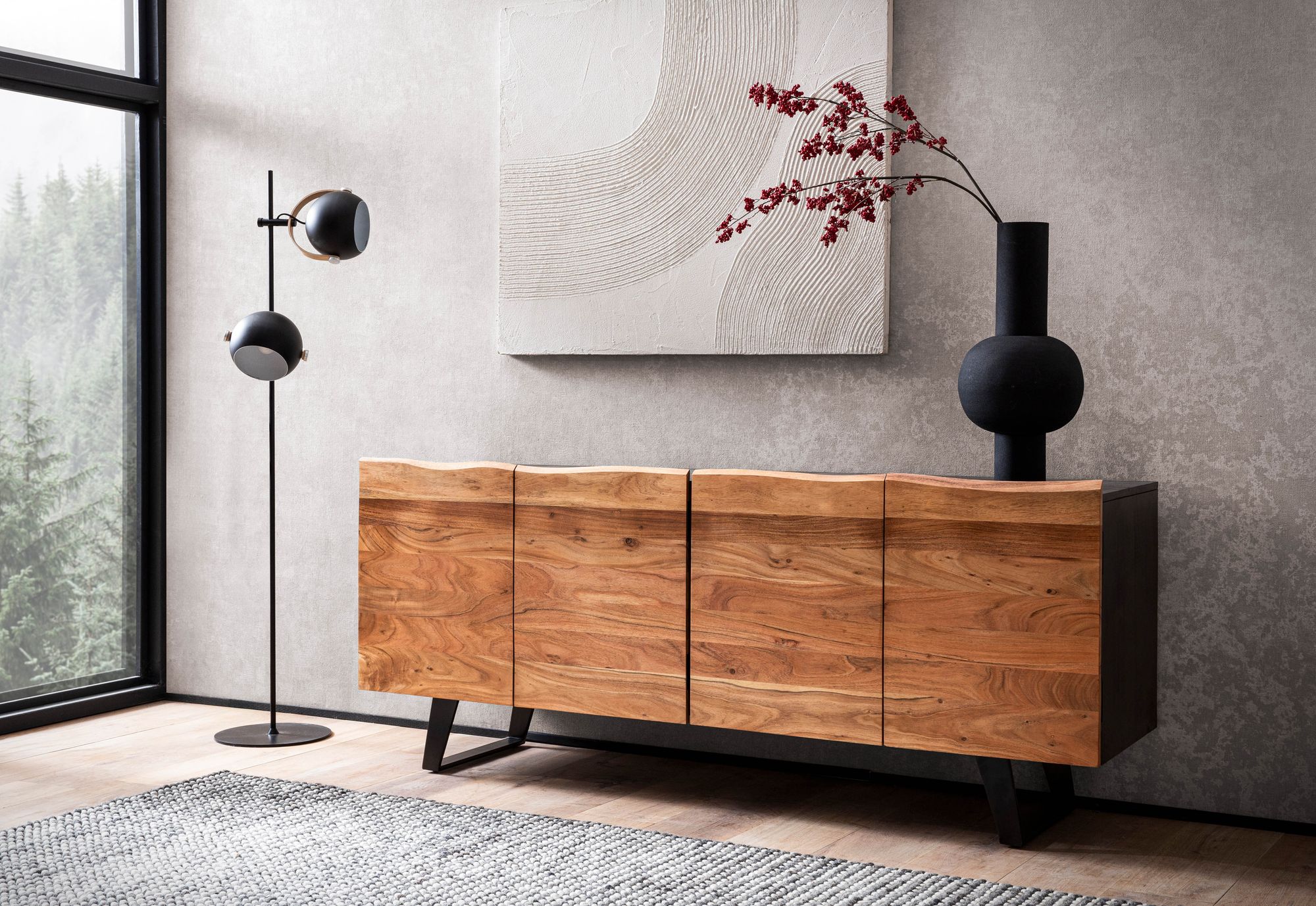 Sideboard FineBuy Anrichte Holz Massiv 180 cm Kommode Standschrank Baumkante