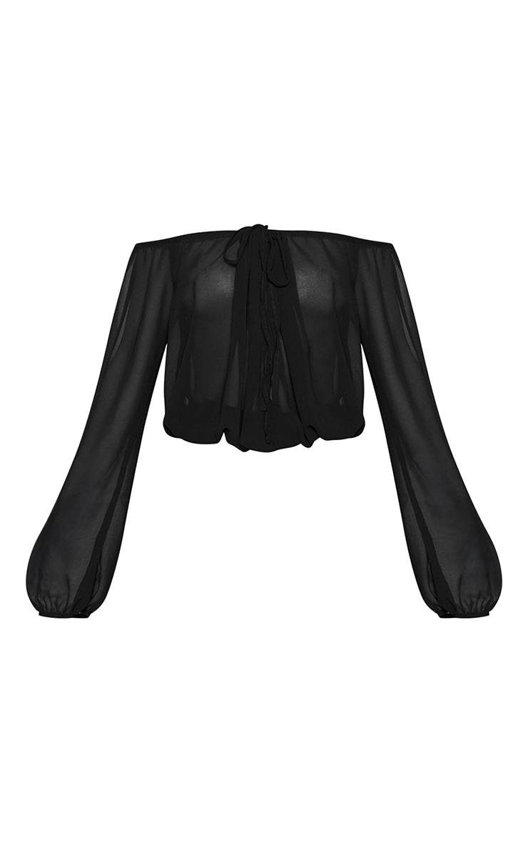 Noir Chemisier Bardot En Mousseline Texturée Avec Détail De Lien