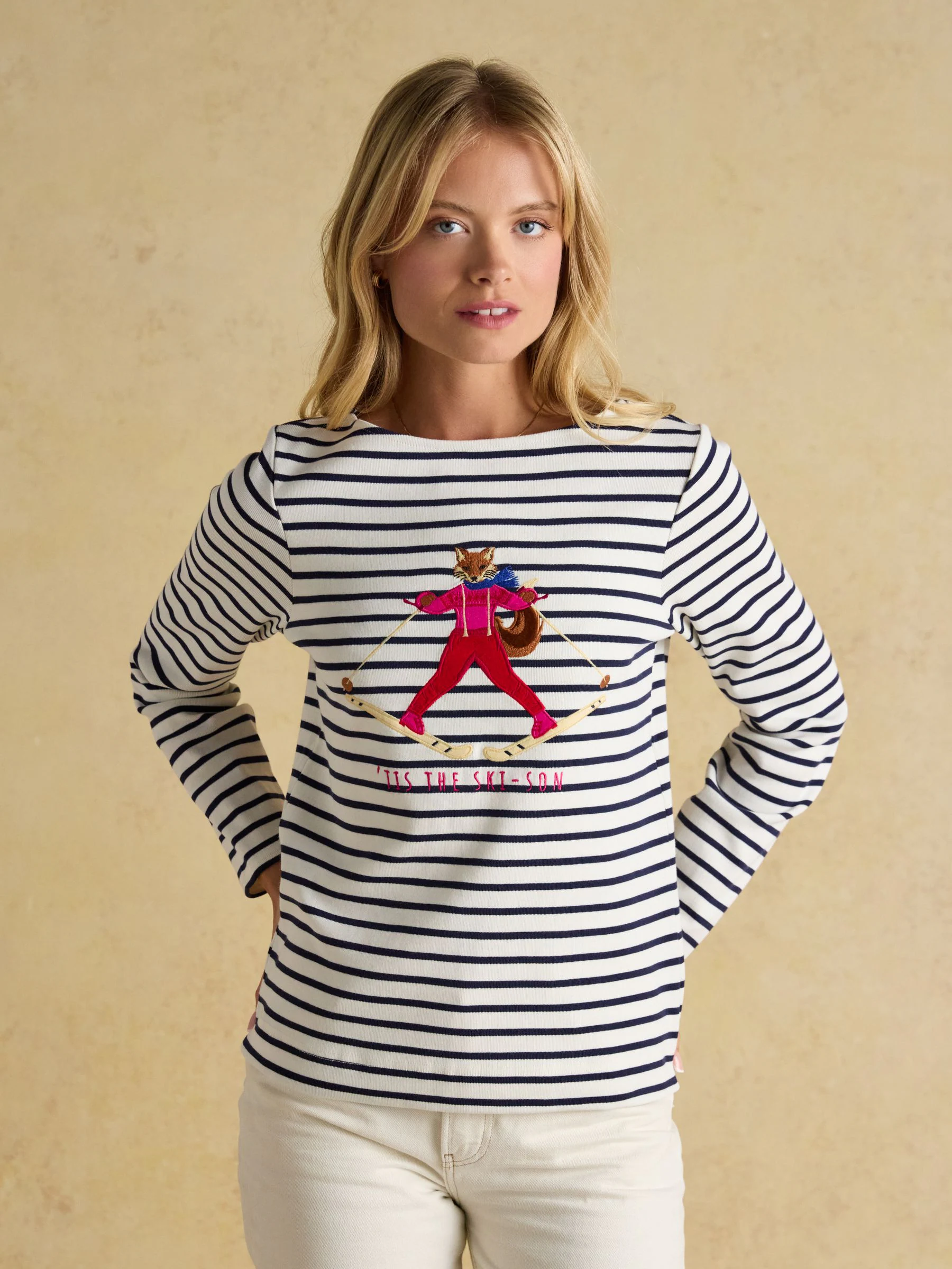 Jonty Fox Cream/Navy - Joules Christmas Harbour Boat Neck Breton Top