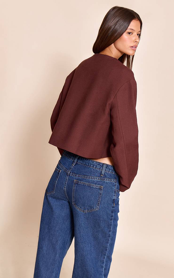 Chocolat Veste Ample Boutonnée Aspect Lin