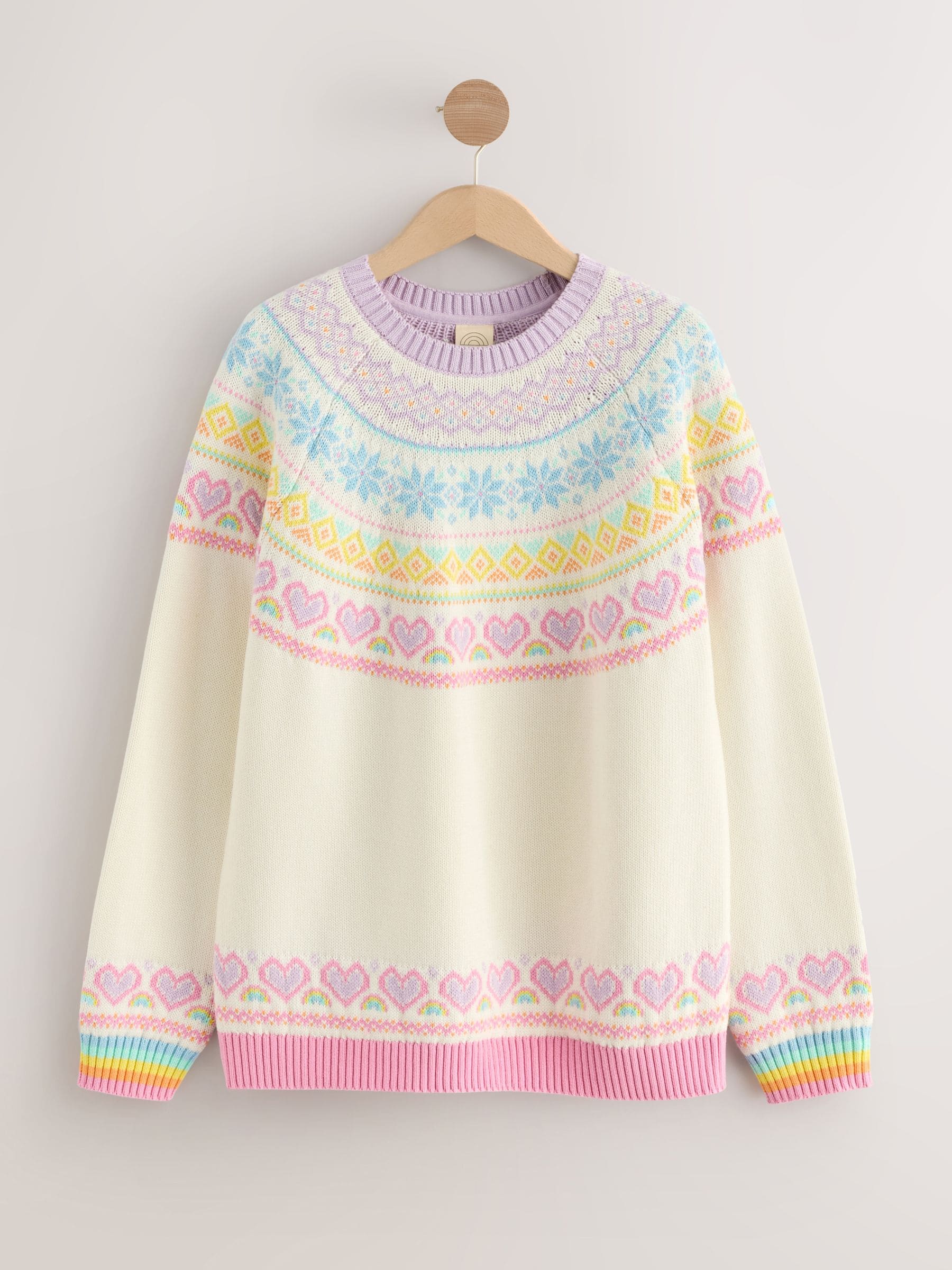 Ecru/roze - Little Bird by Jools Oliver - Gebreide Kerstmis trui met helder fairislemotief voor volwassenen en familie