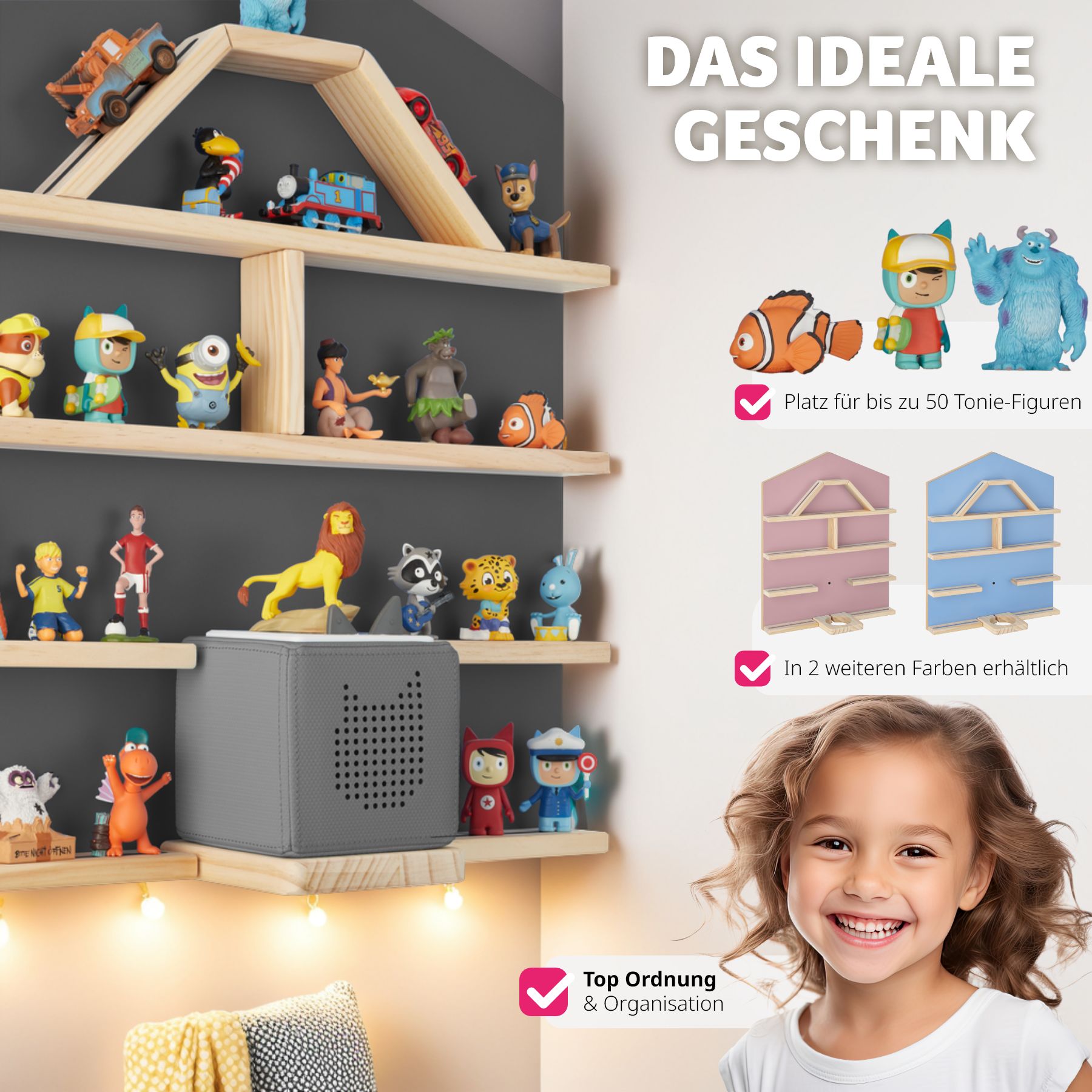 tectake® Wandregal, für bis zu 50 Tonies, abgerundete Ecken, 50 x 15,5 x 60 cm, unsichtbare Aufhängung