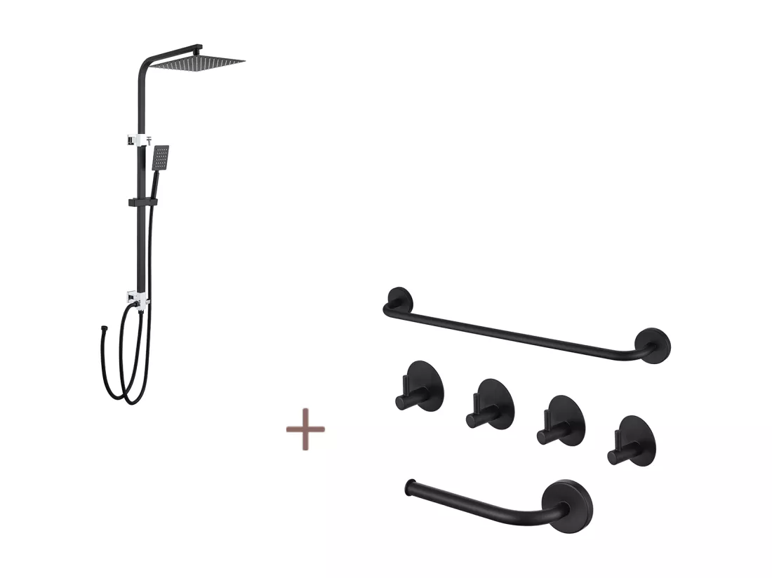 Colonne de Douche Noir Sans Mitigeur,en Hauteur Réglable 690-1130 mm+Ensemble Salle Bain Accessoire 6 Pièces,Auto-adhésif/percer,Inox,Noir