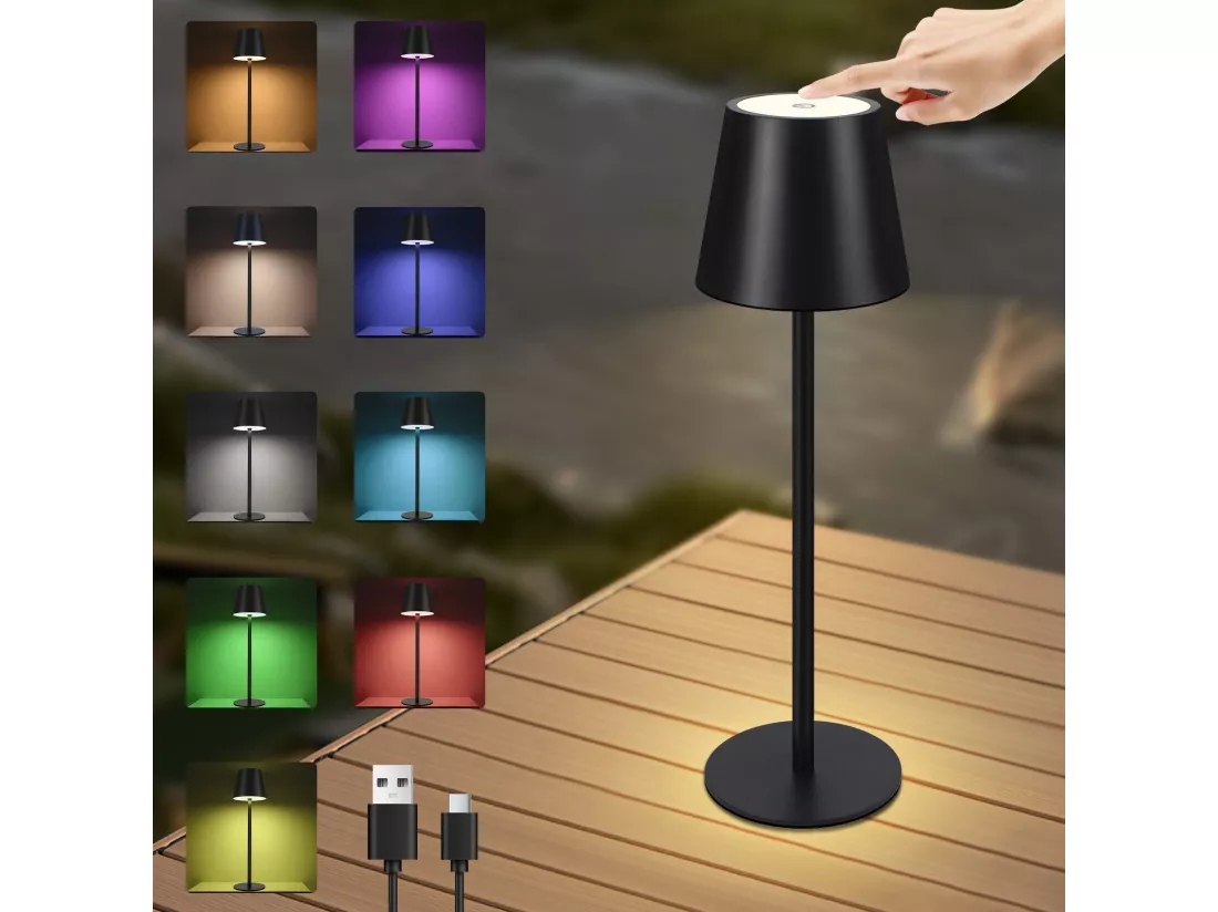 Nettlife Lampe de chevet sans fil, LED RGB 2600mAh, lampe de table extérieur rechargeable, tactile, dimmable, noire, TYPE-C/USB
